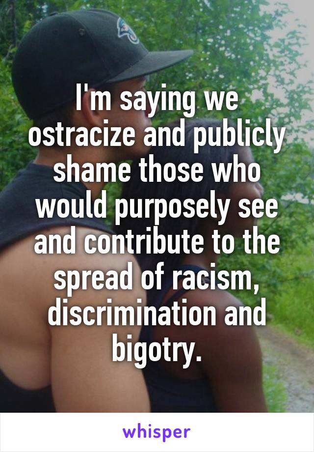 I'm saying we ostracize and publicly shame those who would purposely see and contribute to the spread of racism, discrimination and bigotry.