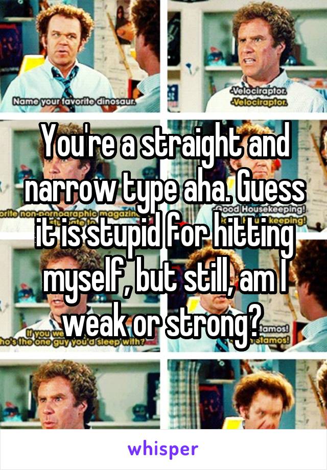 You're a straight and narrow type aha. Guess it is stupid for hitting myself, but still, am I weak or strong? 