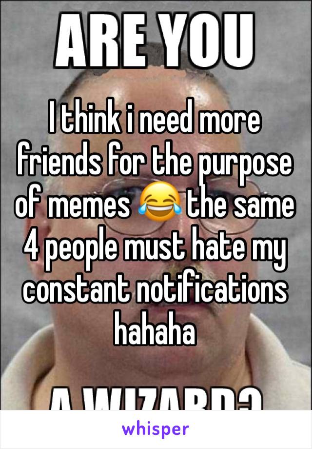 I think i need more friends for the purpose of memes 😂 the same 4 people must hate my constant notifications hahaha 