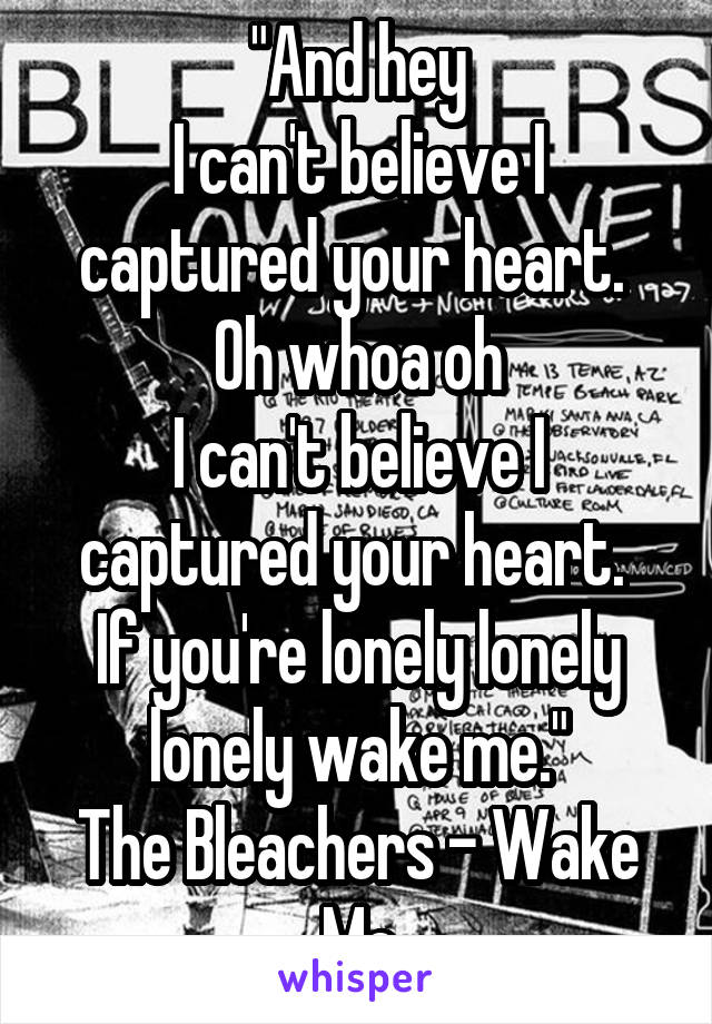 "And hey
I can't believe I captured your heart. 
Oh whoa oh
I can't believe I captured your heart. 
If you're lonely lonely lonely wake me."
The Bleachers - Wake Me