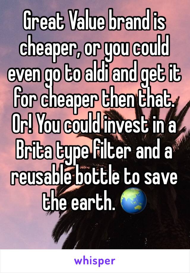 Great Value brand is cheaper, or you could even go to aldi and get it for cheaper then that. Or! You could invest in a Brita type filter and a reusable bottle to save the earth. 🌏 