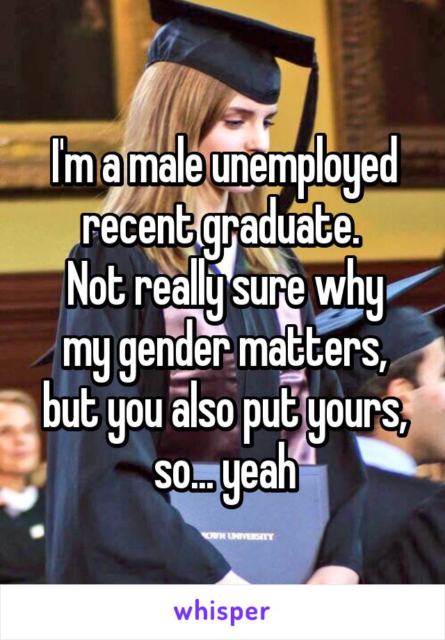 I'm a male unemployed recent graduate. 
Not really sure why my gender matters, but you also put yours, so... yeah
