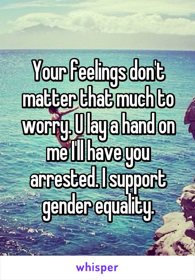 Your feelings don't matter that much to worry. U lay a hand on me I'll have you arrested. I support gender equality.