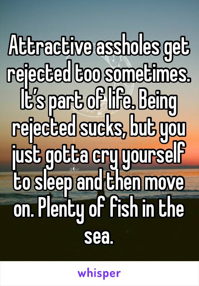 Attractive assholes get rejected too sometimes. It’s part of life. Being rejected sucks, but you just gotta cry yourself to sleep and then move on. Plenty of fish in the sea.