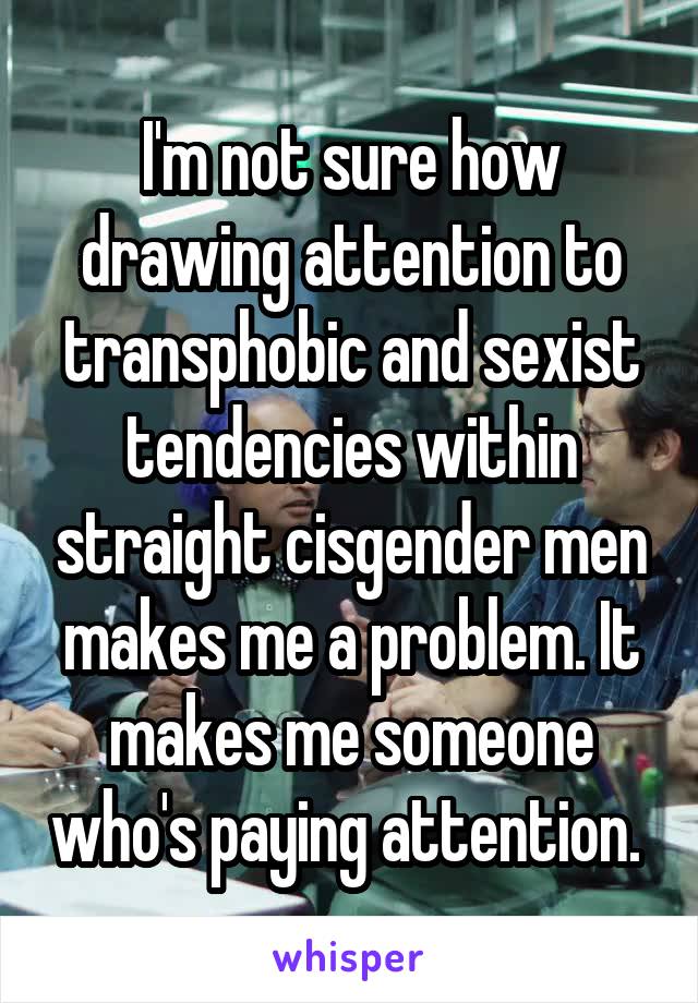 I'm not sure how drawing attention to transphobic and sexist tendencies within straight cisgender men makes me a problem. It makes me someone who's paying attention. 