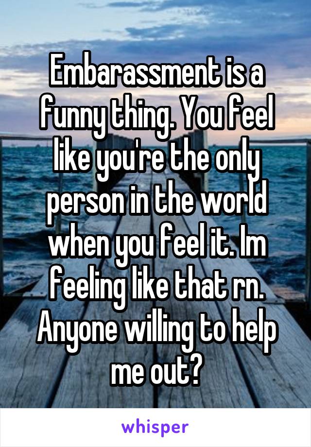 Embarassment is a funny thing. You feel like you're the only person in the world when you feel it. Im feeling like that rn. Anyone willing to help me out?