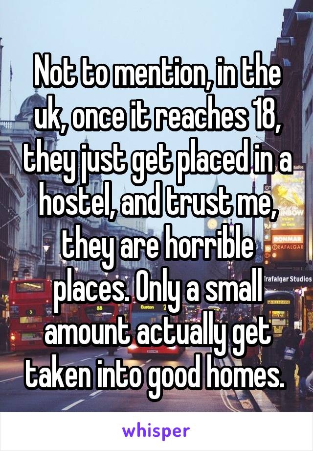 Not to mention, in the uk, once it reaches 18, they just get placed in a hostel, and trust me, they are horrible places. Only a small amount actually get taken into good homes. 