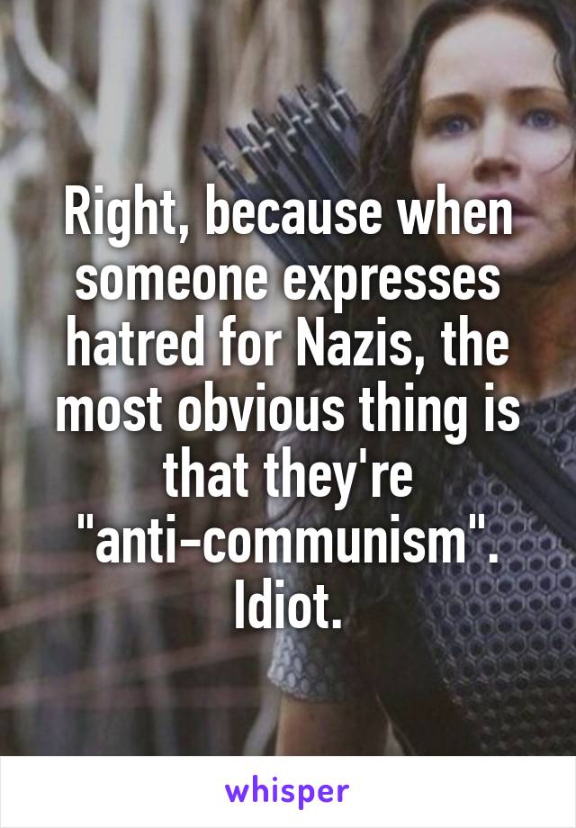 Right, because when someone expresses hatred for Nazis, the most obvious thing is that they're "anti-communism". Idiot.
