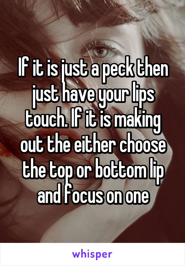 If it is just a peck then just have your lips touch. If it is making out the either choose the top or bottom lip and focus on one