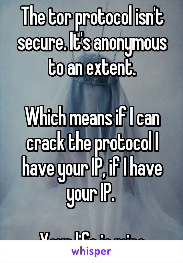 The tor protocol isn't secure. It's anonymous to an extent.

Which means if I can crack the protocol I have your IP, if I have your IP. 

Your life is mine