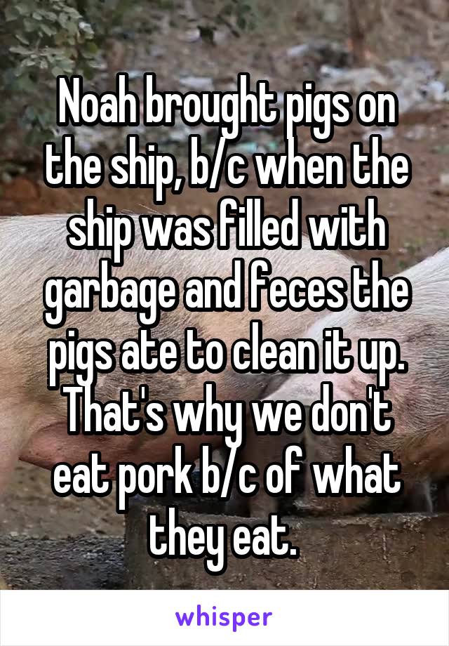 Noah brought pigs on the ship, b/c when the ship was filled with garbage and feces the pigs ate to clean it up. That's why we don't eat pork b/c of what they eat. 