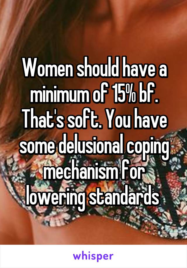 Women should have a minimum of 15% bf. That's soft. You have some delusional coping mechanism for lowering standards 
