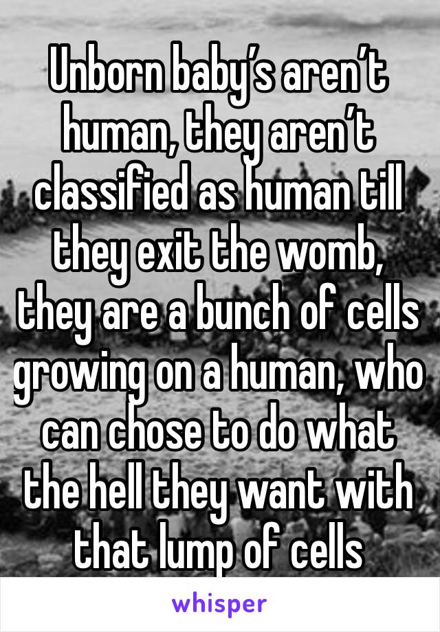 Unborn baby’s aren’t human, they aren’t classified as human till they exit the womb, they are a bunch of cells growing on a human, who can chose to do what the hell they want with that lump of cells