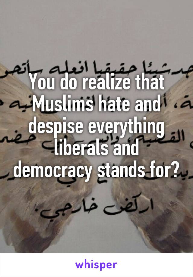 You do realize that Muslims hate and despise everything liberals and democracy stands for? 