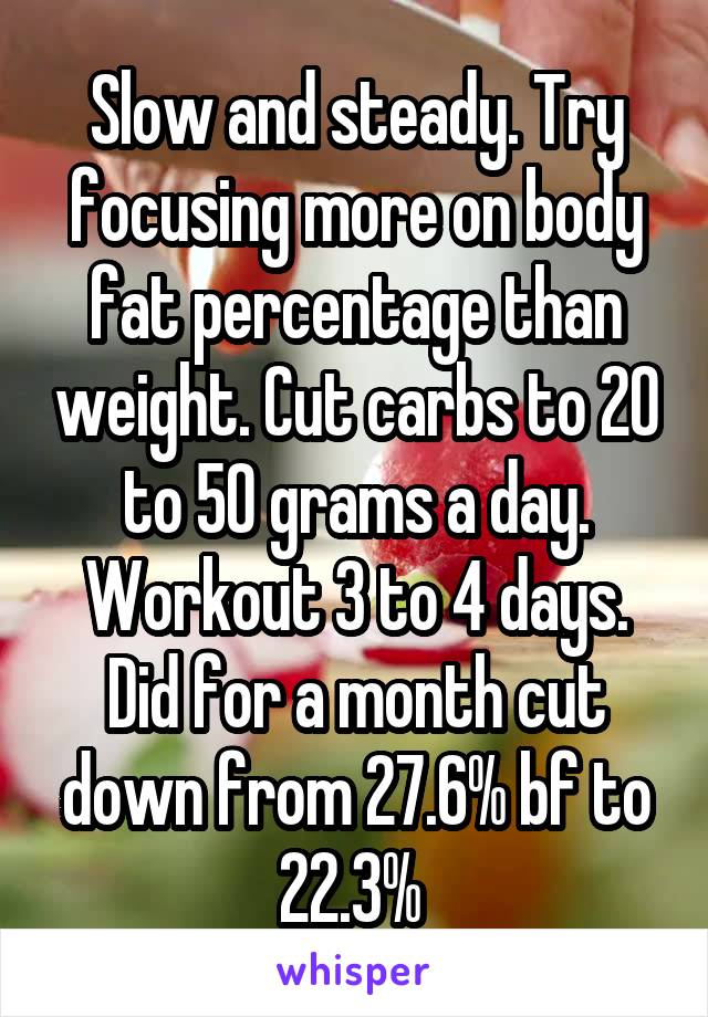 Slow and steady. Try focusing more on body fat percentage than weight. Cut carbs to 20 to 50 grams a day. Workout 3 to 4 days. Did for a month cut down from 27.6% bf to 22.3% 