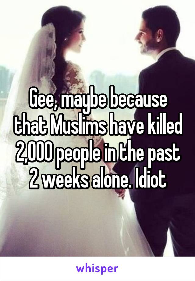 Gee, maybe because that Muslims have killed 2,000 people in the past 2 weeks alone. Idiot