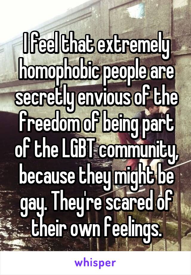 I feel that extremely homophobic people are secretly envious of the freedom of being part of the LGBT community, because they might be gay. They're scared of their own feelings.