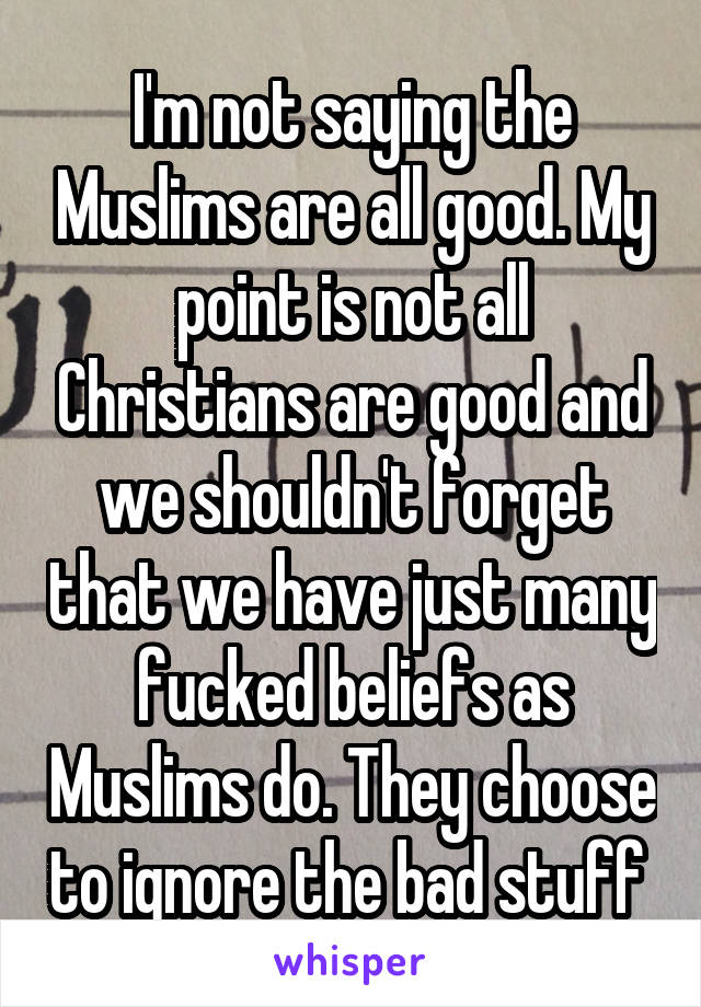I'm not saying the Muslims are all good. My point is not all Christians are good and we shouldn't forget that we have just many fucked beliefs as Muslims do. They choose to ignore the bad stuff 