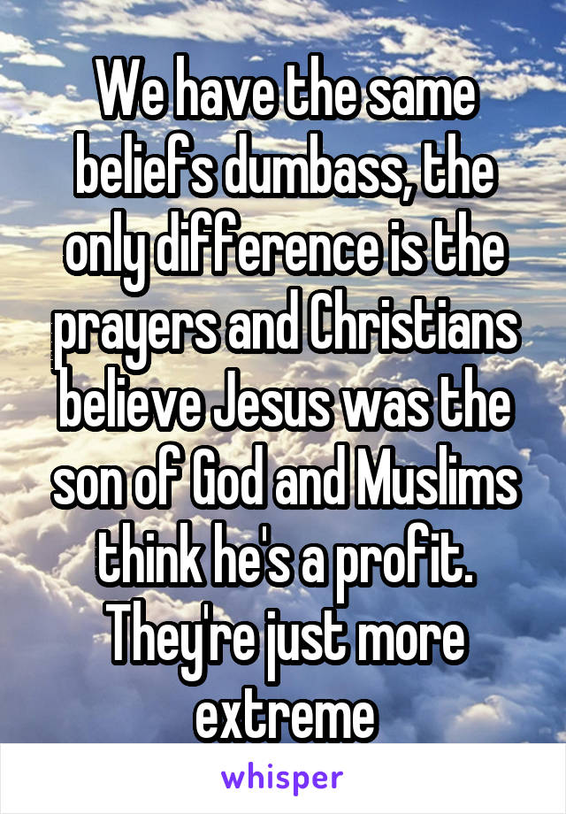 We have the same beliefs dumbass, the only difference is the prayers and Christians believe Jesus was the son of God and Muslims think he's a profit. They're just more extreme