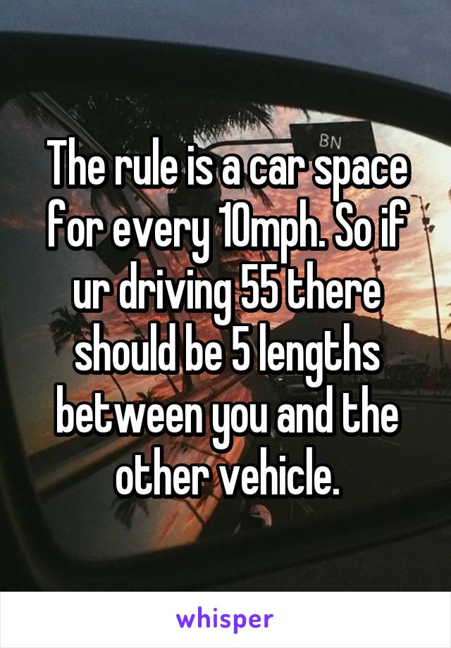 The rule is a car space for every 10mph. So if ur driving 55 there should be 5 lengths between you and the other vehicle.
