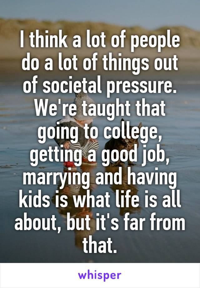I think a lot of people do a lot of things out of societal pressure.
We're taught that going to college, getting a good job, marrying and having kids is what life is all about, but it's far from that.