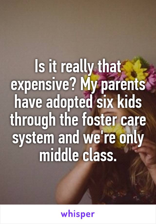 Is it really that expensive? My parents have adopted six kids through the foster care system and we're only middle class.