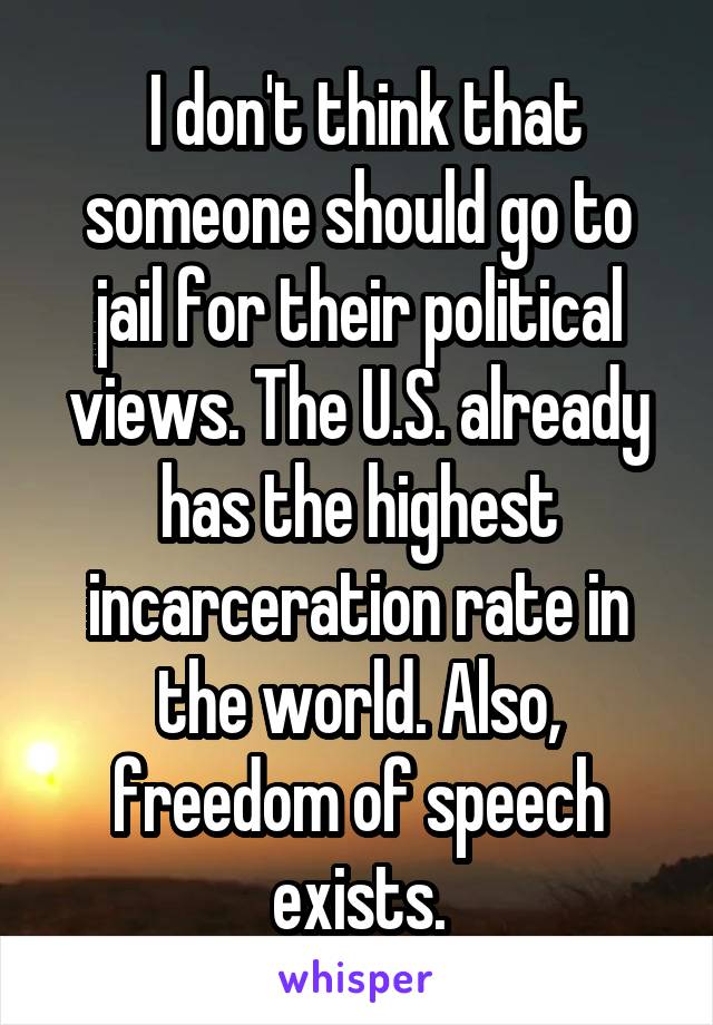  I don't think that someone should go to jail for their political views. The U.S. already has the highest incarceration rate in the world. Also, freedom of speech exists.