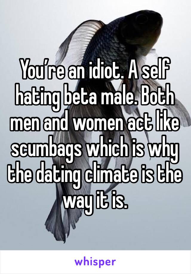 You’re an idiot. A self hating beta male. Both men and women act like scumbags which is why the dating climate is the way it is. 