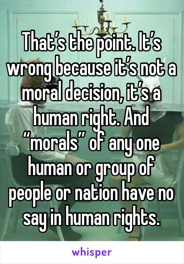 That’s the point. It’s wrong because it’s not a moral decision, it’s a human right. And “morals” of any one human or group of people or nation have no say in human rights.