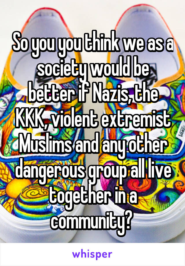 So you you think we as a society would be better if Nazis, the KKK, violent extremist Muslims and any other dangerous group all live together in a community? 