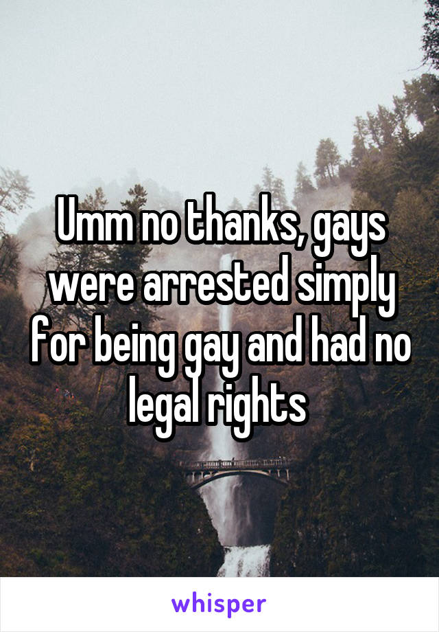 Umm no thanks, gays were arrested simply for being gay and had no legal rights 