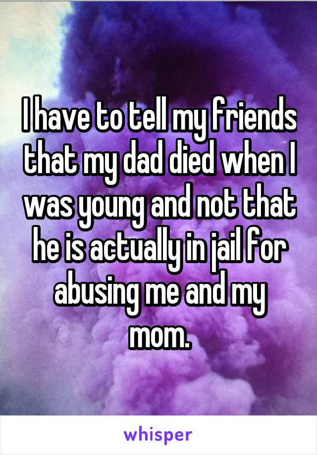 I have to tell my friends that my dad died when I was young and not that he is actually in jail for abusing me and my mom.