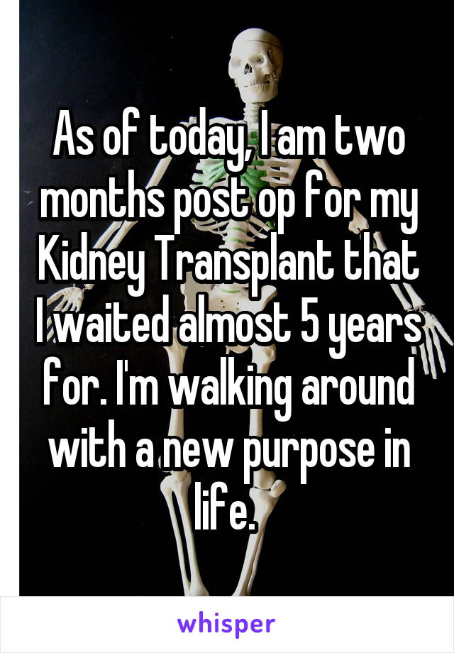 As of today, I am two months post op for my Kidney Transplant that I waited almost 5 years for. I'm walking around with a new purpose in life. 