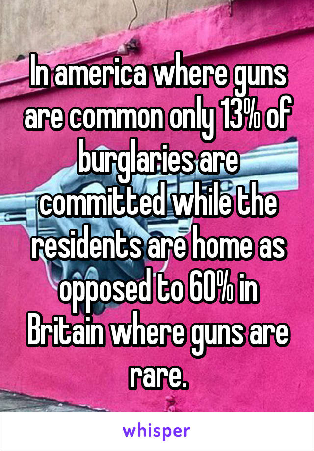 In america where guns are common only 13% of burglaries are committed while the residents are home as opposed to 60% in Britain where guns are rare.