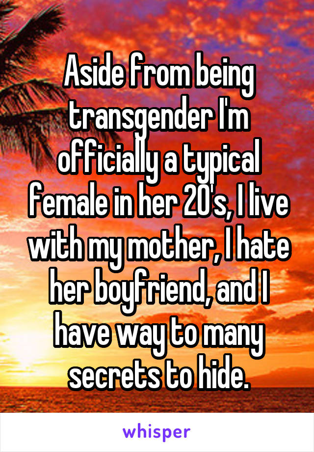 Aside from being transgender I'm officially a typical female in her 20's, I live with my mother, I hate her boyfriend, and I have way to many secrets to hide.