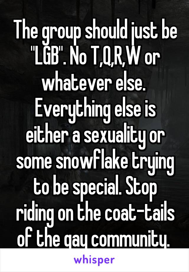 The group should just be "LGB". No T,Q,R,W or whatever else.  Everything else is either a sexuality or some snowflake trying to be special. Stop riding on the coat-tails of the gay community. 