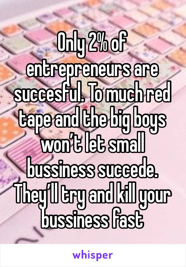 Only 2% of entrepreneurs are succesful. To much red tape and the big boys won’t let small bussiness succede. They’ll try and kill your bussiness fast
