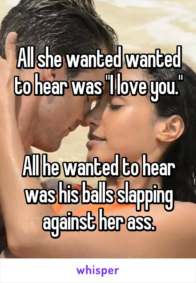 All she wanted wanted to hear was "I love you." 

All he wanted to hear was his balls slapping against her ass.