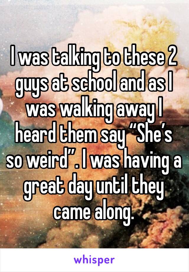 I was talking to these 2 guys at school and as I was walking away I heard them say “She’s so weird”. I was having a great day until they came along.