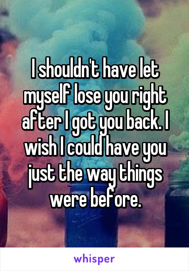 I shouldn't have let myself lose you right after I got you back. I wish I could have you just the way things were before.