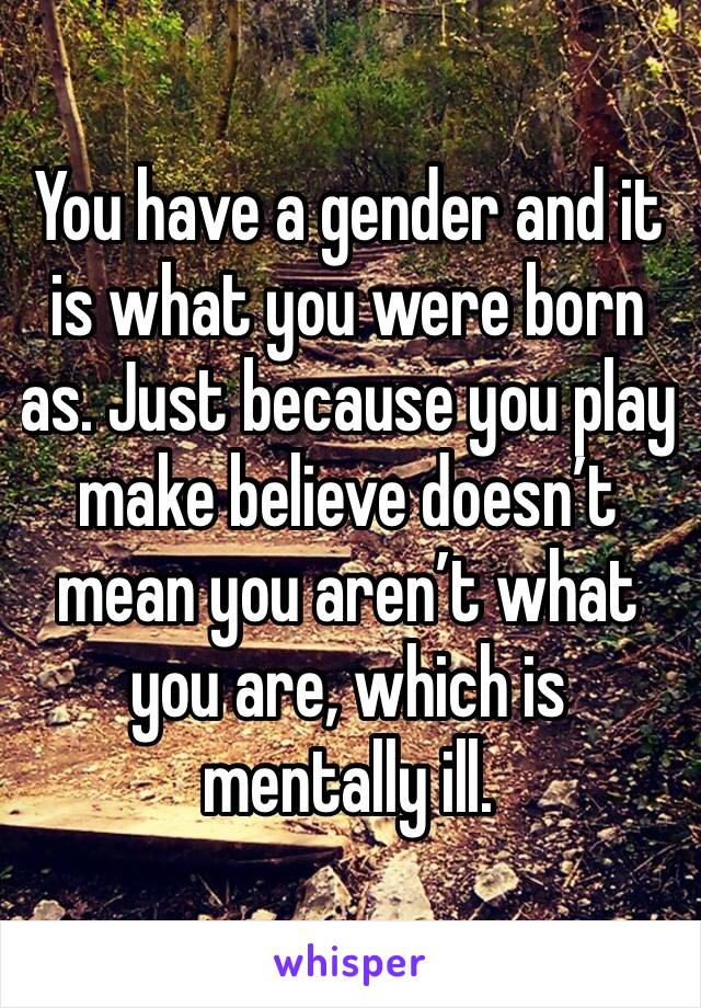 You have a gender and it is what you were born as. Just because you play make believe doesn’t mean you aren’t what you are, which is mentally ill. 