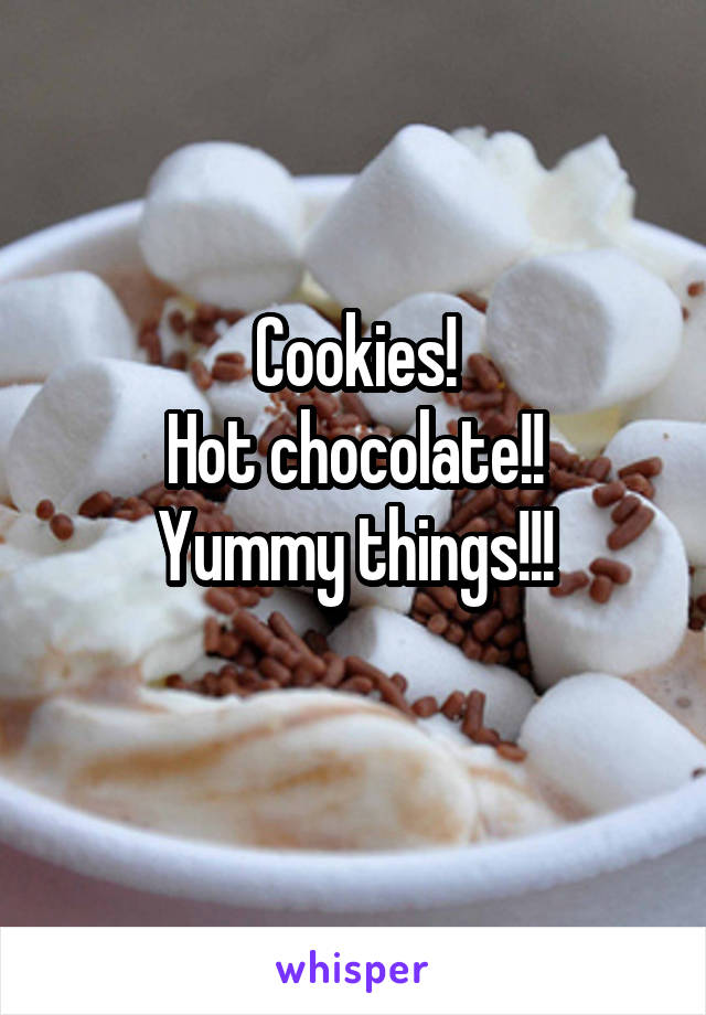 Cookies!
Hot chocolate!!
Yummy things!!!
