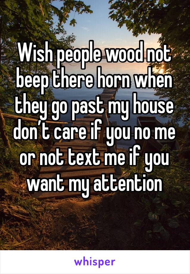 Wish people wood not beep there horn when they go past my house don’t care if you no me or not text me if you want my attention 