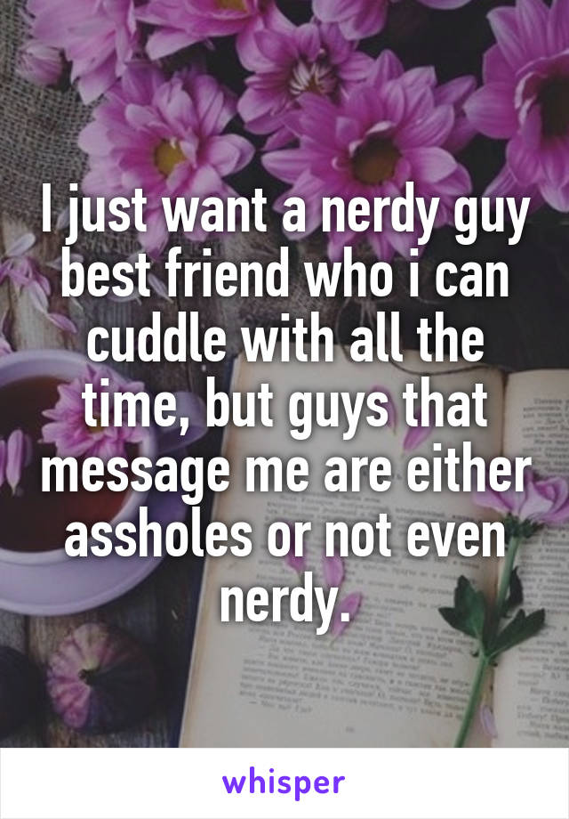 I just want a nerdy guy best friend who i can cuddle with all the time, but guys that message me are either assholes or not even nerdy.