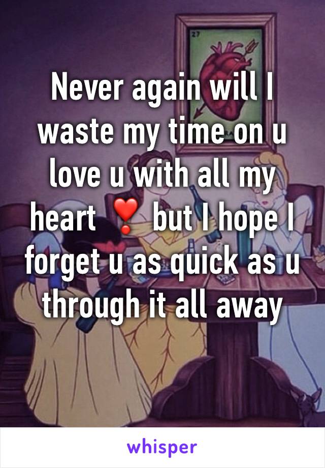 Never again will I waste my time on u love u with all my heart ❣ but I hope I forget u as quick as u through it all away 