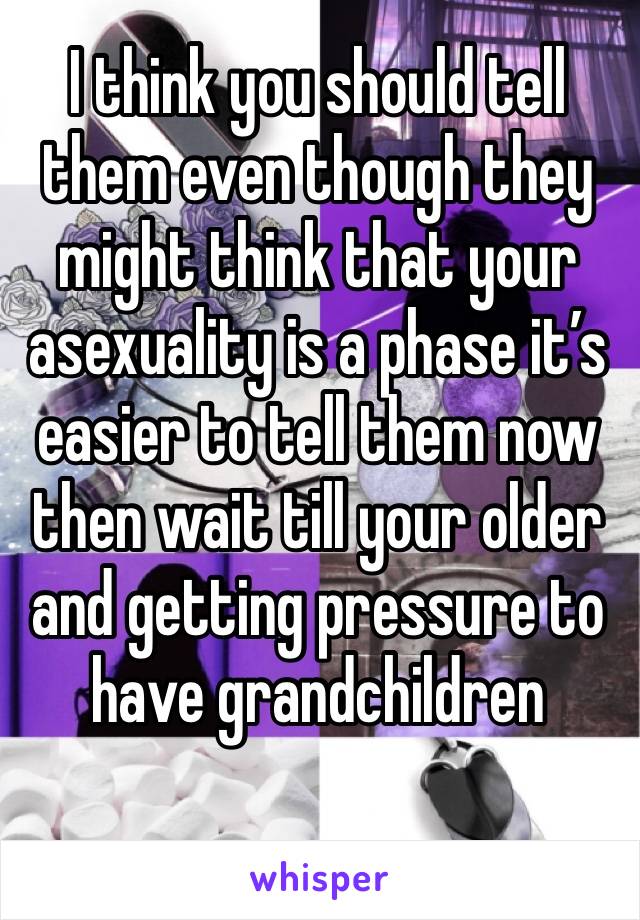 I think you should tell them even though they might think that your asexuality is a phase it’s easier to tell them now then wait till your older and getting pressure to have grandchildren