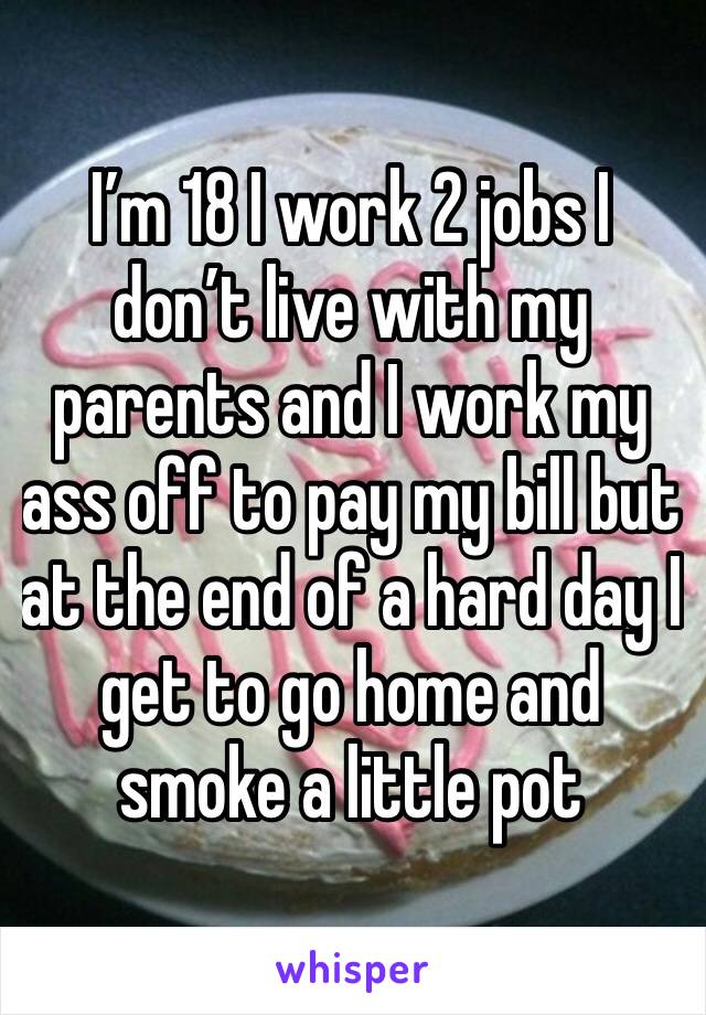 I’m 18 I work 2 jobs I don’t live with my parents and I work my ass off to pay my bill but at the end of a hard day I get to go home and smoke a little pot