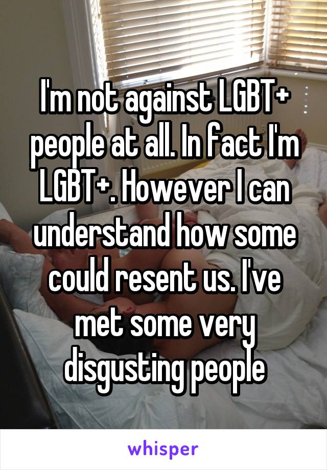 I'm not against LGBT+ people at all. In fact I'm LGBT+. However I can understand how some could resent us. I've met some very disgusting people