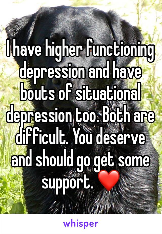 I have higher functioning depression and have bouts of situational depression too. Both are difficult. You deserve and should go get some support. ❤️ 