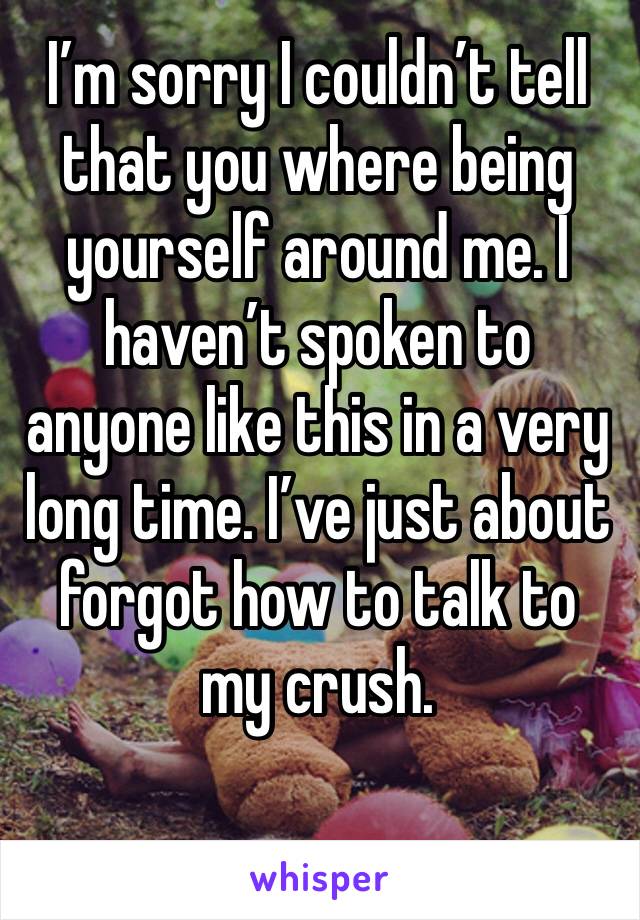 I’m sorry I couldn’t tell that you where being yourself around me. I haven’t spoken to anyone like this in a very long time. I’ve just about forgot how to talk to my crush. 